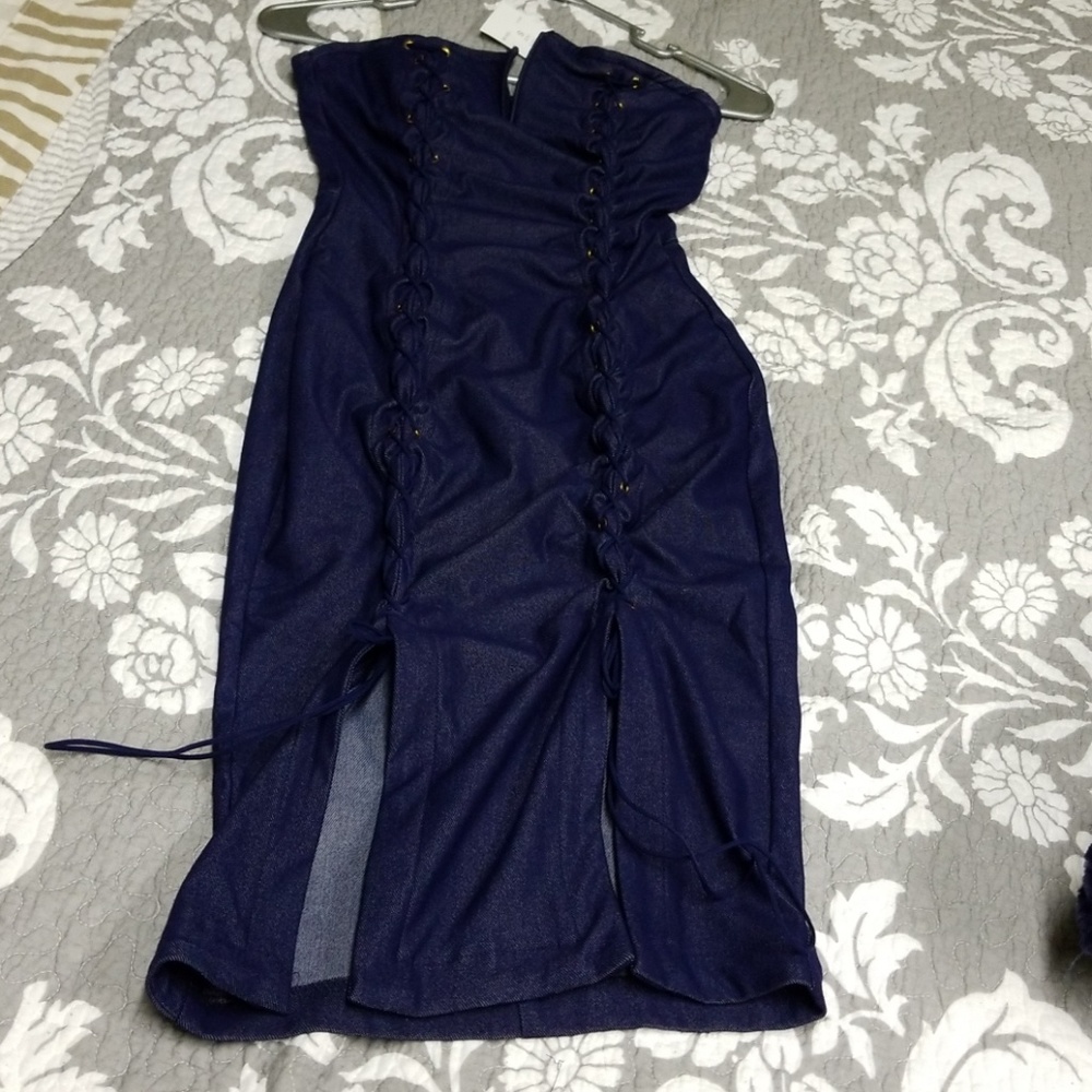 Denim dress.